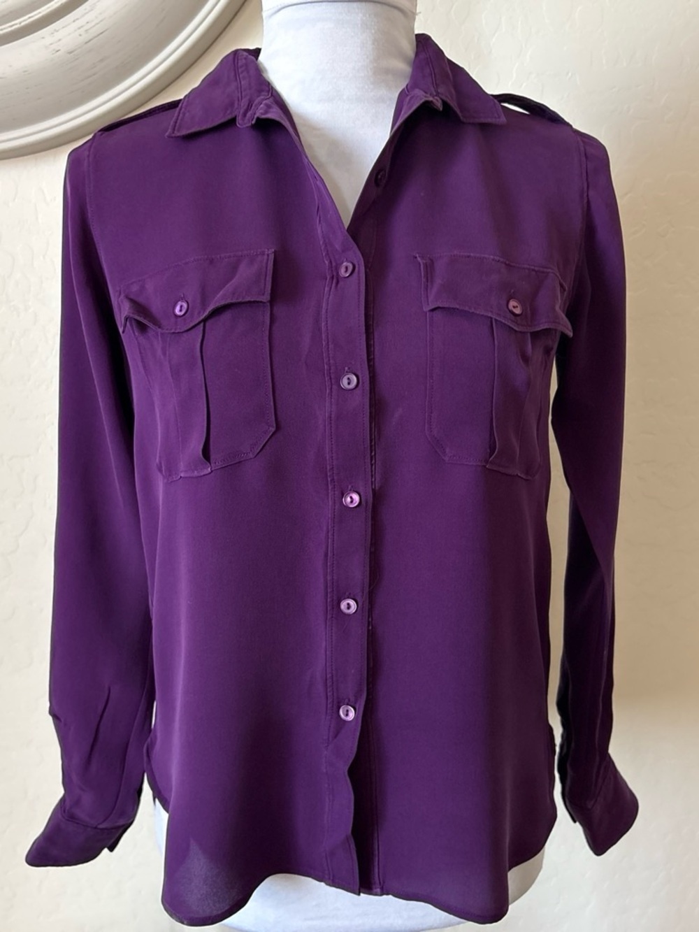 Theory Deep Purple Silk Button-Front Blouse with pockets. XSP
